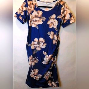 Liu & Qu Women's Maternity Size Small Blue Floral Bodycon Ruched Side Dress